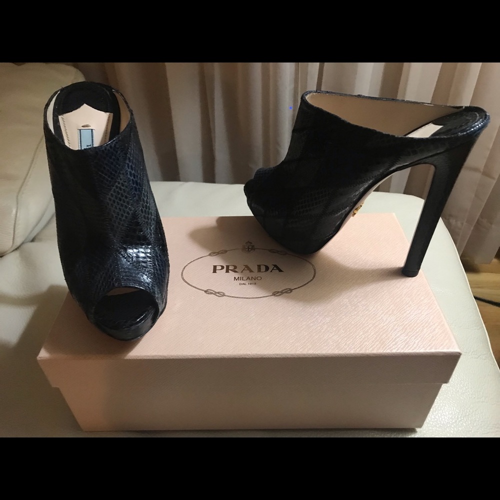 PRADA Navy Blue Mules, Size 6
